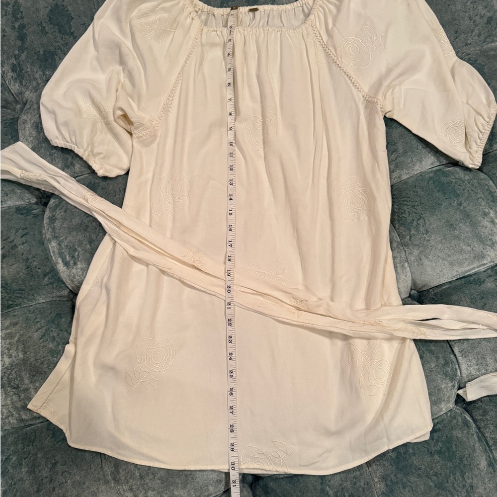 Cream Embroidered Mini Dress with Waist Tie
